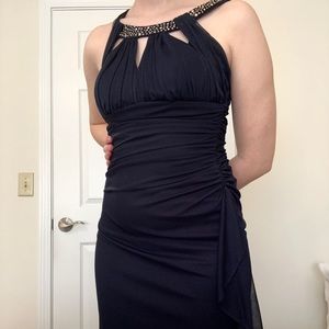 Blondie Nites Ruched Ruffle Prom Dress in Navy with Gold